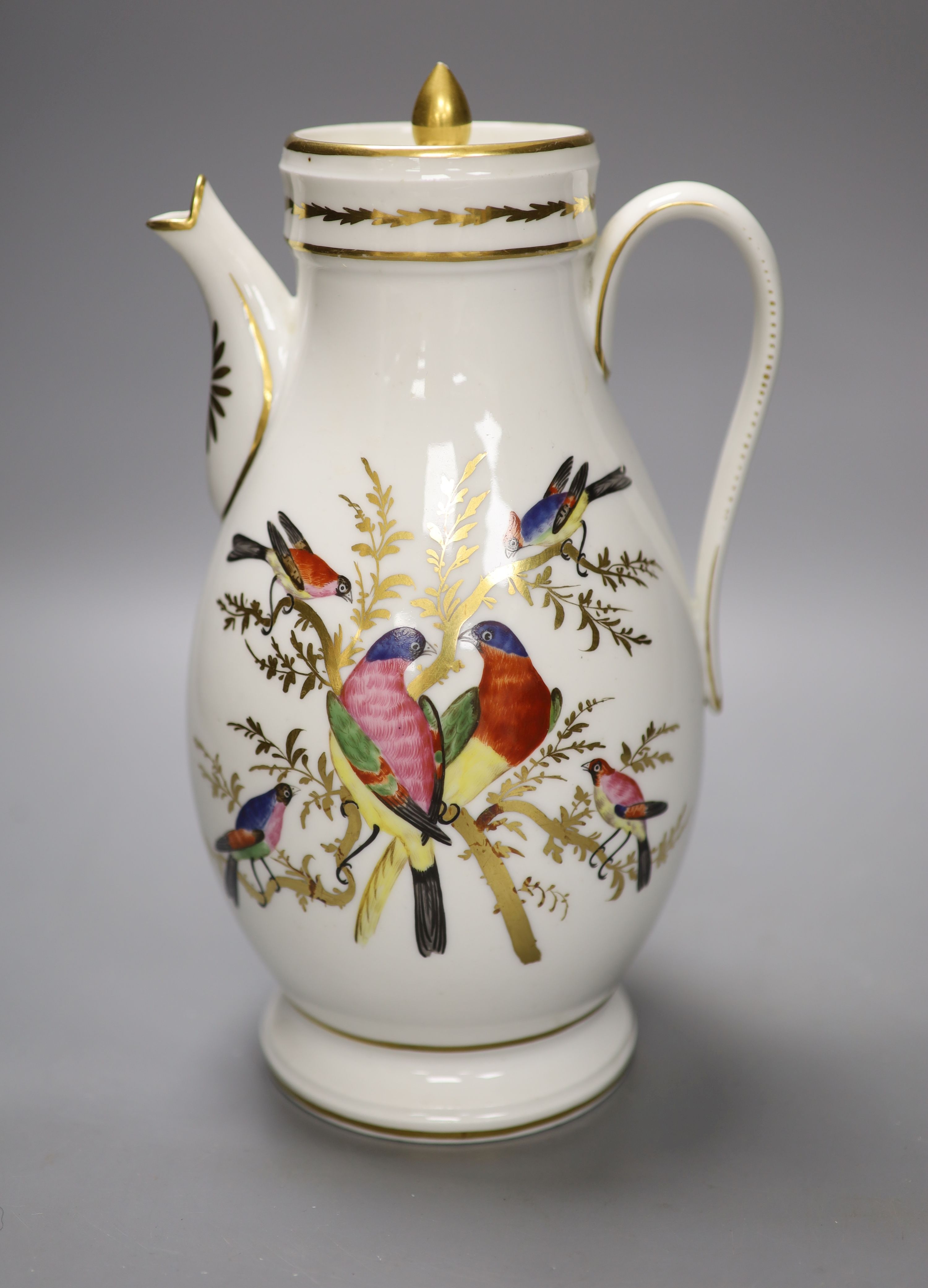 A French chocolate pot and cover finely painted with birds in gilded trees, incised mark, perhaps M, late 18th century, height 26cm